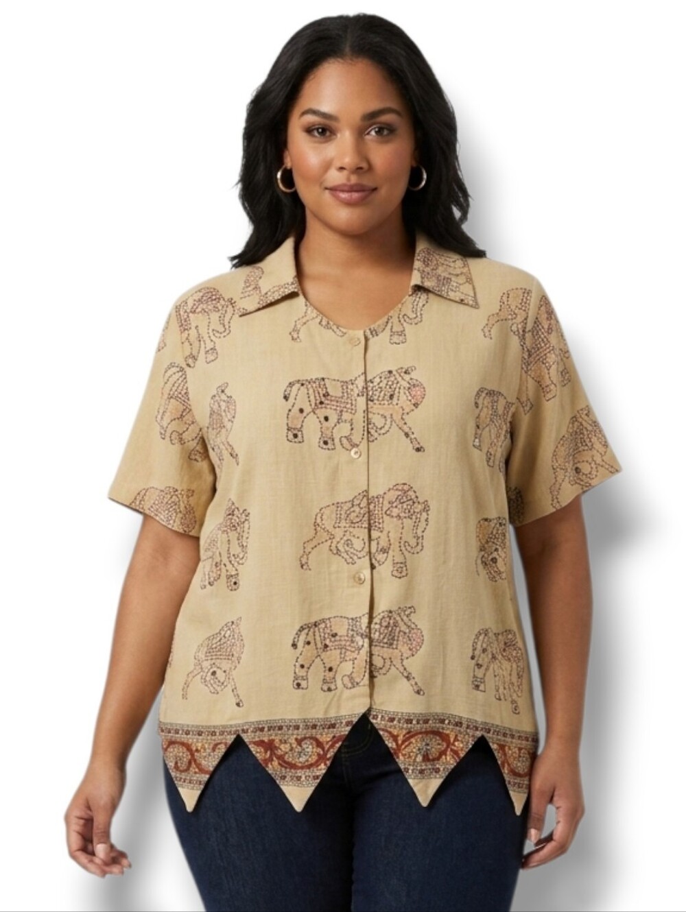 Westside Designs women’s plus size Elephant Print Button Front Top 1X